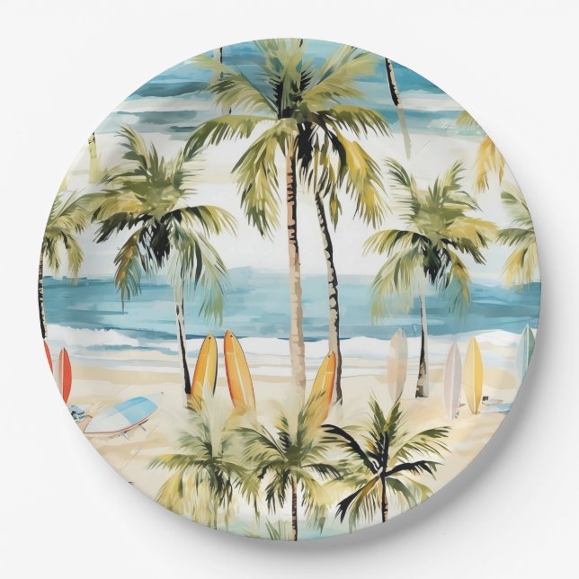 Plato De Papel Playa tropical con tablas de surf (Anverso)