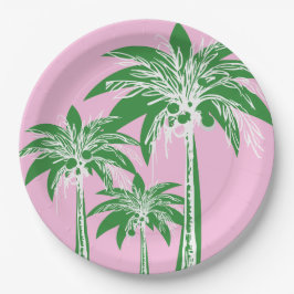 Plato De Papel Playa tropical de verano preppy con palmeras verde