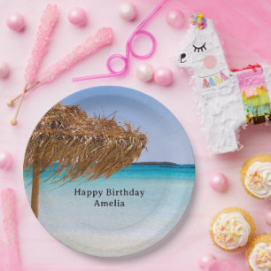 Plato De Papel Playa Tropical Escénica con Cumpleaños de Paraguas