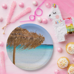 Plato De Papel Playa Tropical Escénica con Sombrilla de Paja