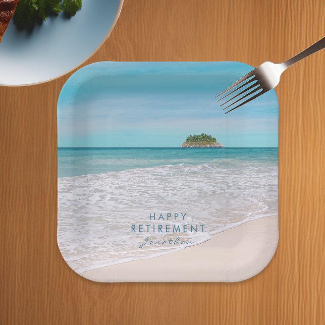 Plato De Papel Playa Tropical Personalizada "Feliz Jubilación" (Subido por el creador)