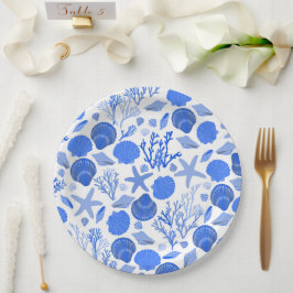 Plato De Papel Playas de conchas azules y patrón de coral