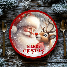Plato De Papel Playful Santa Rudolph Cartoon Christmas Plates