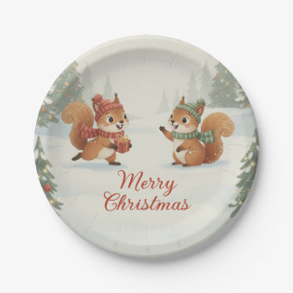 Plato De Papel Playful Squirrels in Christmas Winter Forest