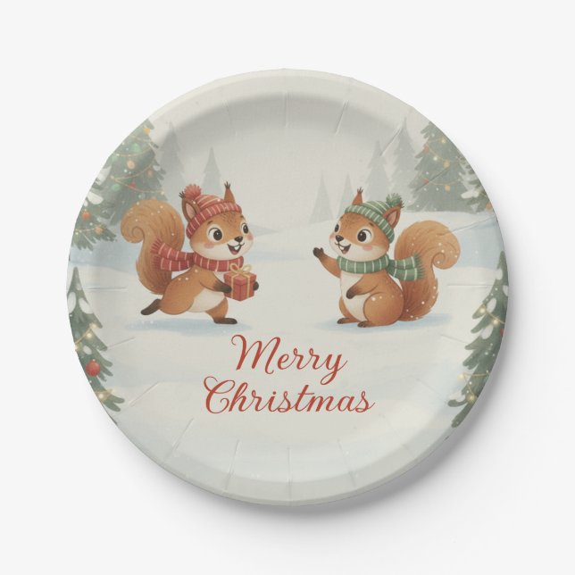 Plato De Papel Playful Squirrels in Christmas Winter Forest (Anverso)