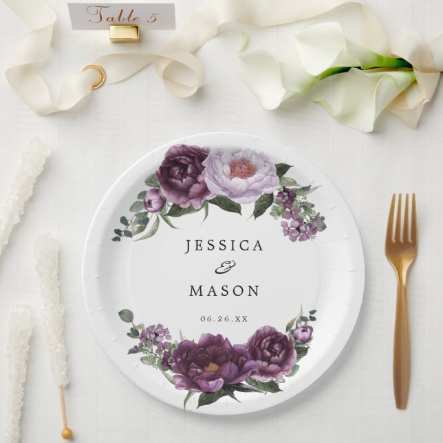 Plato De Papel Plum Peonies Floral Bridal Shower Placa de papel (Boda)