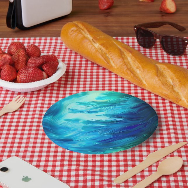 Plato De Papel Pluma abstracta verde azul (Picnic)