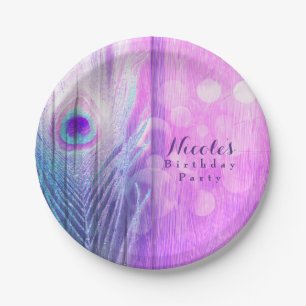 Plato De Papel Pluma de Pavo Real Rosa y Azul Boho Chic Fiesta Pe