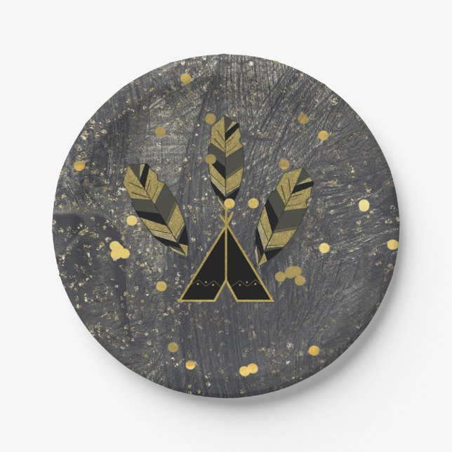 Plato De Papel Pluma Dibujada a Mano & Tepee Dorado Negro Boho Gl (Anverso)