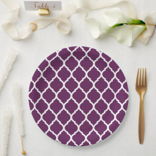 Plato De Papel Pluma Púrpura y Quatrefoil marroquí blanco