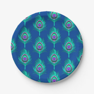 Plato De Papel Plumas de pavo real, agua en azul de alto cobalto