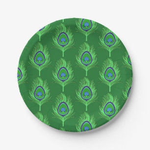 Plato De Papel Plumas de pavo real, verde lima sobre verde esmera
