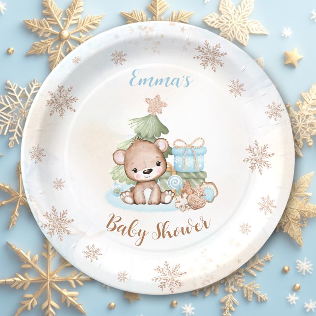 Plato De Papel Podemos Embarazar A Los Navidades Esperar A Baby S (We Can Bearly Wait Christmas Boy Baby Shower Paper Plates)
