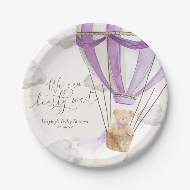 Plato De Papel Podemos Esperar A Lilac Teddy Bear Baby Shower (Anverso)
