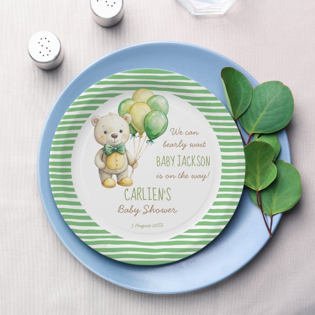 Plato De Papel Podemos esperar con ansias la ducha de leche de os (We can bearly wait sage green cute teddy bear baby shower personalized monogram printed paper plates)