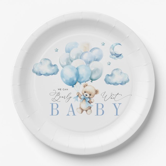 Plato De Papel Podemos Esperar El Baby Shower Azul (Anverso)
