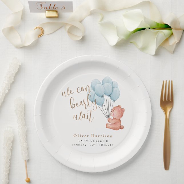 Plato De Papel Podemos Esperar El Bear Blue Balloon Baby Shower (Boda)