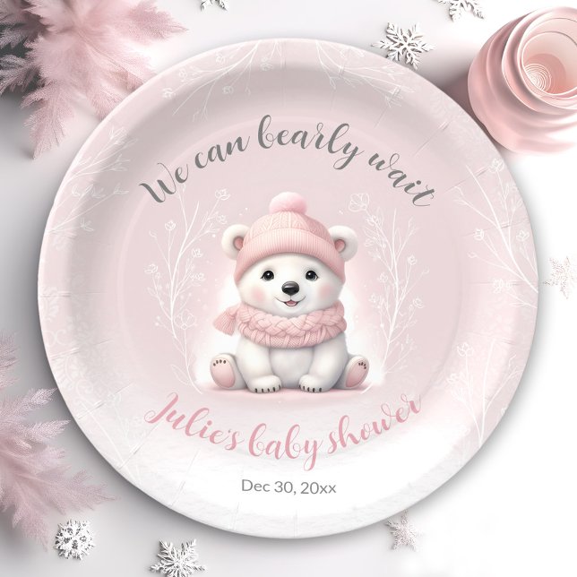 Plato De Papel Podemos Esperar Las Placas De Papel Rosadas De Bab (We Can Bearly Wait Pink Baby Shower Paper Plates)