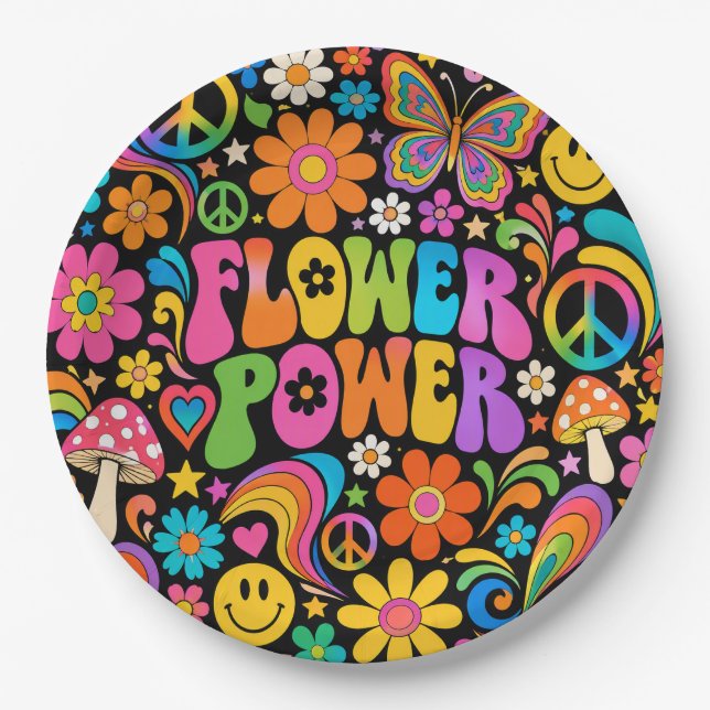 Plato De Papel Poder Floral Retro Groovy Hogar (Anverso)