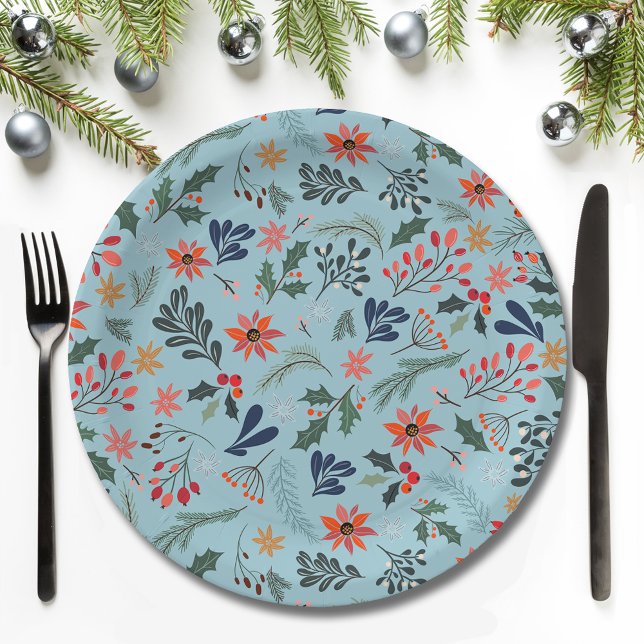 Plato De Papel Poinsettia Berries deja a Navidades de vacaciones (Poinsettia Berries Leaves Holiday Christmas Paper Plates)