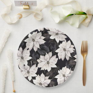 Plato De Papel Poinsettia de moda blanca y negra