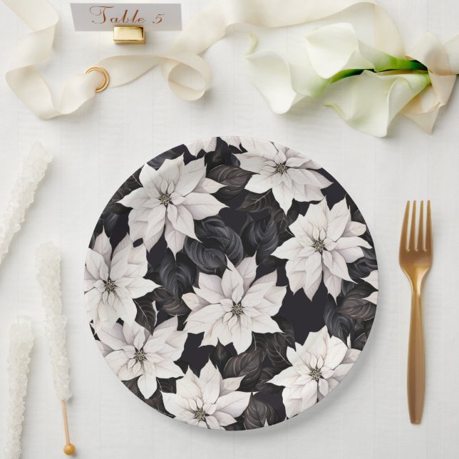 Plato De Papel Poinsettia de moda blanca y negra (Boda)