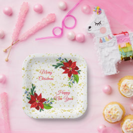 Plato De Papel Poinsettia Floral Bouquet, Feliz Navidad