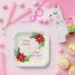 Plato De Papel Poinsettia Floral Bouquet, Feliz Navidad