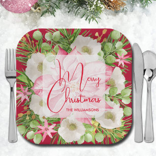 Plato De Papel Poinsettia Merry Christmas