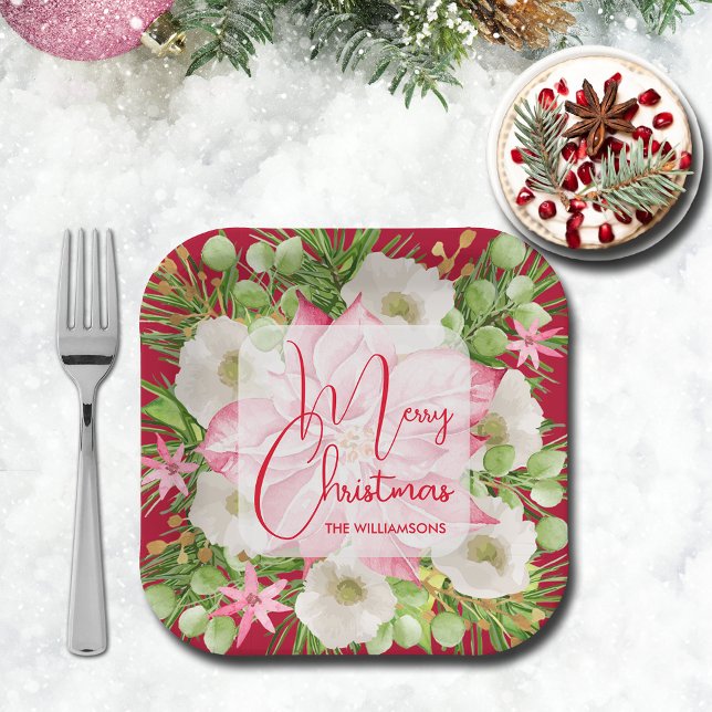 Plato De Papel Poinsettia Merry Christmas (SMALL 7" paper plates feature a pink poinsettia and winter flowers Merry Christmas)