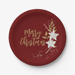 Plato De Papel Poinsettia Merry Christmas White Burgundy Elegante