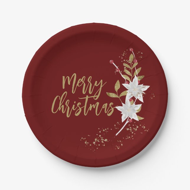 Plato De Papel Poinsettia Merry Christmas White Burgundy Elegante (Anverso)