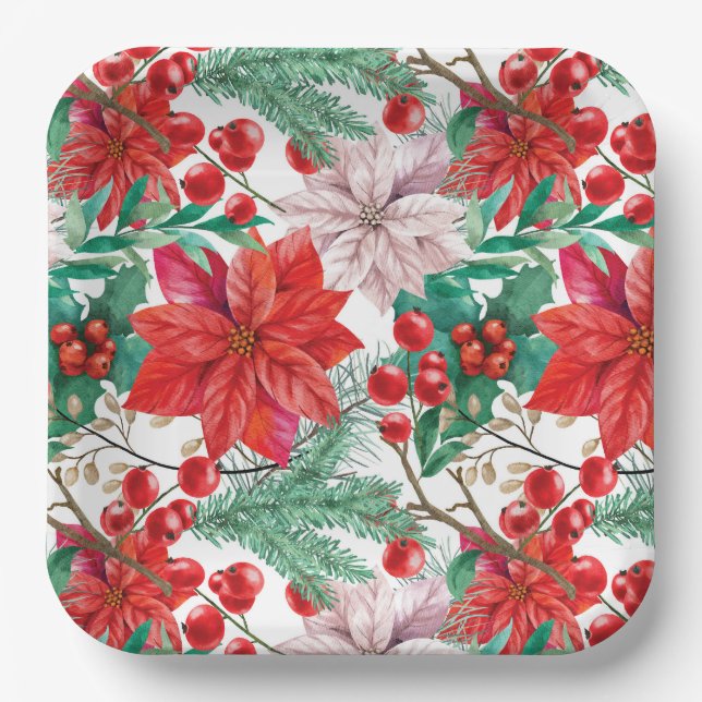 Plato De Papel Poinsettia, Pine Boughs y Red Berries (Anverso)