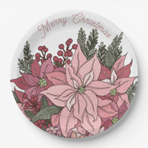 Plato De Papel Poinsettia Rabbit Merry Christmas