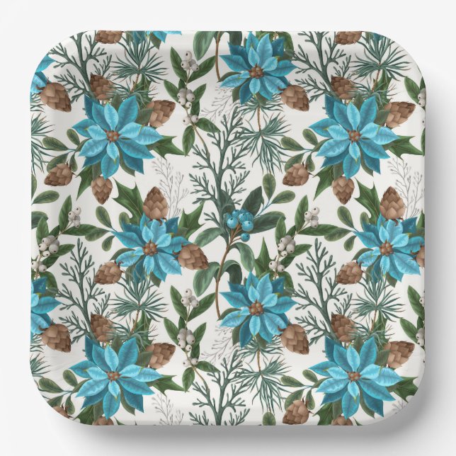 Plato De Papel Poinsettia y pinos azules (Anverso)