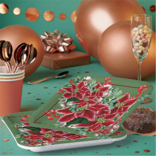 Plato De Papel Poinsettias brillantes y Navidades personalizados