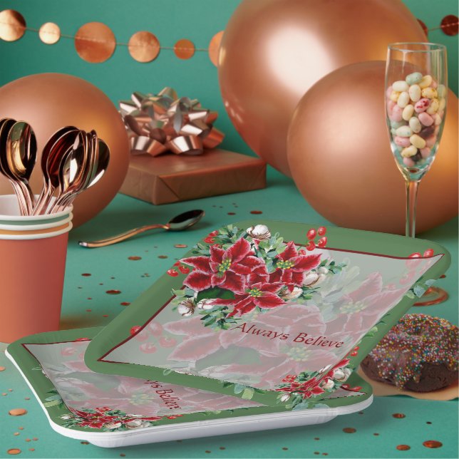 Plato De Papel Poinsettias brillantes y Navidades personalizados (Multi)