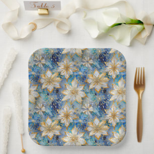 Plato De Papel Poinsettias de los Navidades Blue White Gold