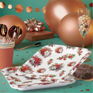 Plato De Papel Poinsettias Vintage Y Navidades Holly White