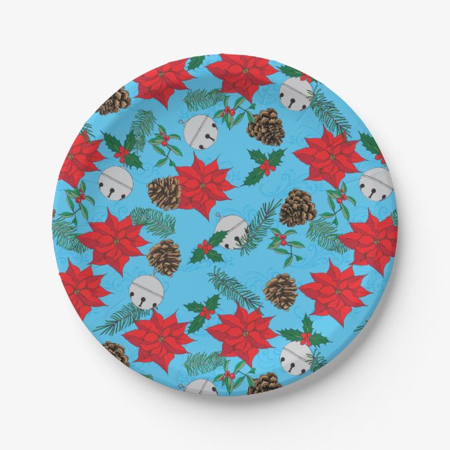 Plato De Papel Poinsettias y campanas plateadas en placas de pape (Anverso)