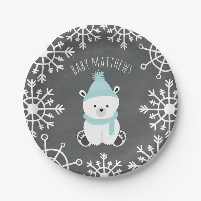 Plato De Papel Polar Bear Boy Winter Baby Shower (Anverso)