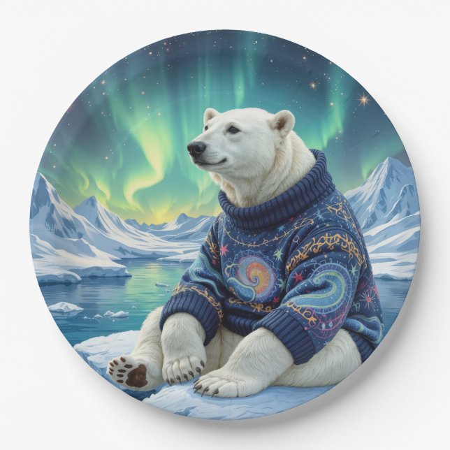 Plato De Papel Polar Bear Sitting Under Northern Lights (Anverso)