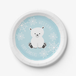 Plato De Papel Polar Bear Snowflake Winter Blue Boy Baby Shower