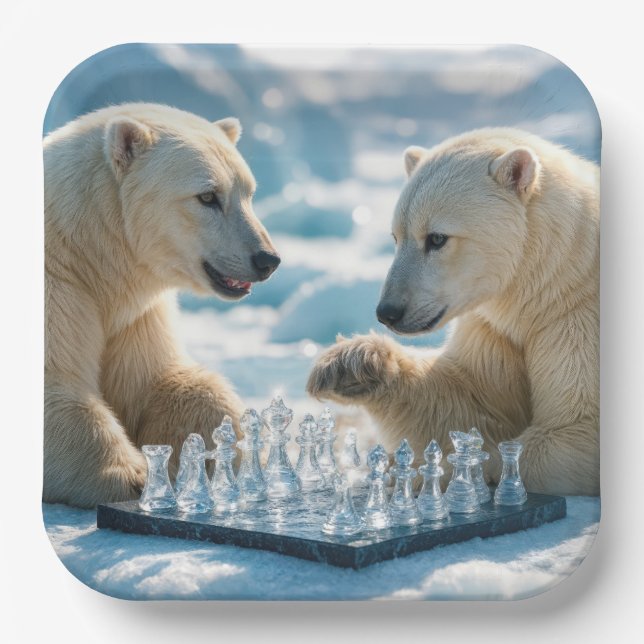 Plato De Papel Polar Bears Playing Chess On a Glacier (Anverso)