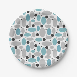 Plato De Papel polka azul frijol gris punto patrón retro decoraci