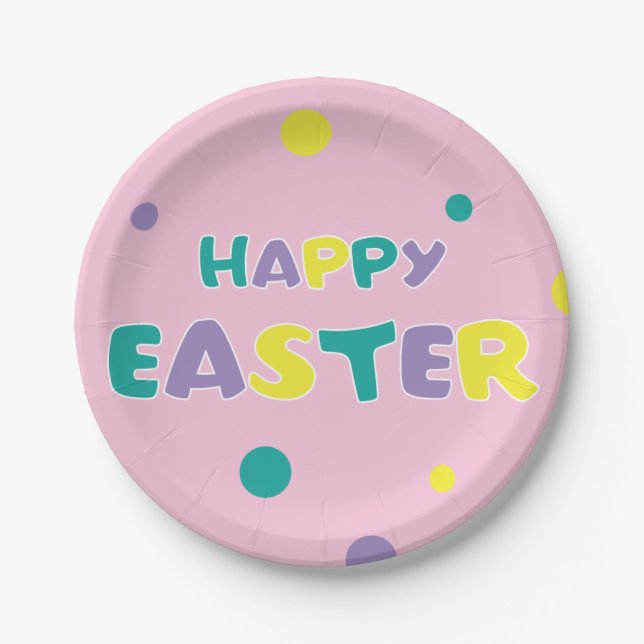 Plato De Papel Polka Dots Pastel Pink Happy Easter (Anverso)