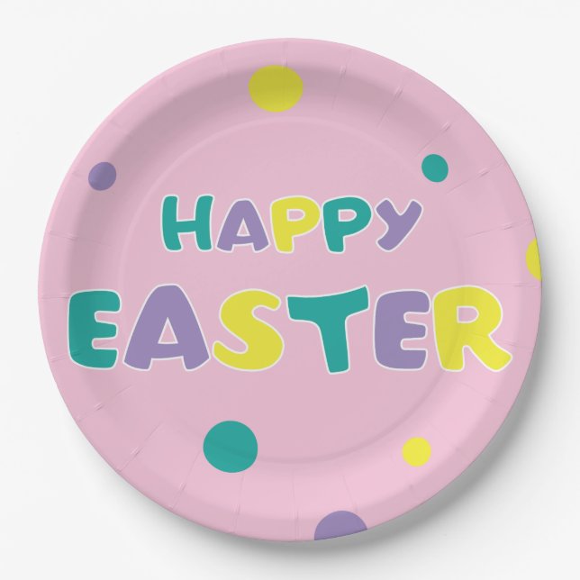 Plato De Papel Polka Dots Pastel Pink Happy Easter (Anverso)