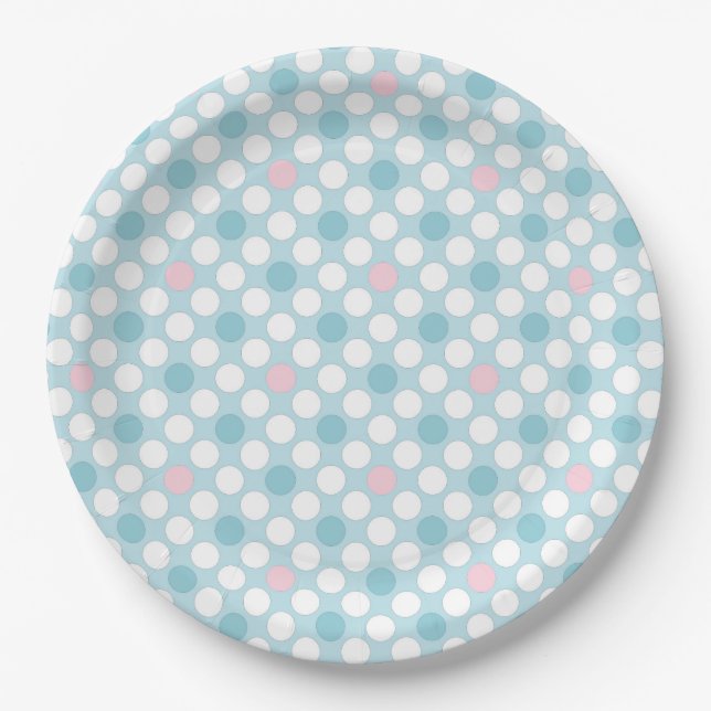 Plato De Papel Polka pega retro azul rosado blanco (Anverso)