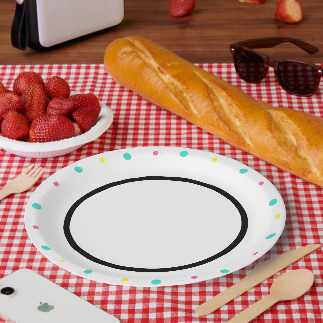 Plato De Papel Polka puntos turquesa amarillo rosado negro (Picnic)