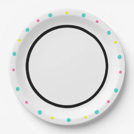 Plato De Papel Polka puntos turquesa amarillo rosado negro